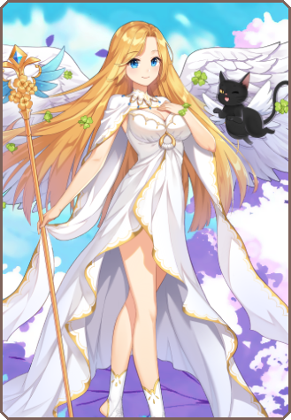 1girl, animal, artist_request, black_cat, black_cat_(elona), blonde_hair, blue_eyes, blue_sky, border, bracelet, breast_suppress, breasts, cape, cape_hold, cat, clover, cracked_floor, dress, ehekatl_of_luck, elona, elona_mobile, feathered_wings, feet_out_of_frame, flying, hand_up, holding, holding_staff, jewelry, long_hair, looking_at_viewer, lowres, no_shoes, official_art, one_eye_closed, sky, smile, socks, solo_focus, staff, standing, very_long_hair, white_cape, white_dress, white_wings, wings