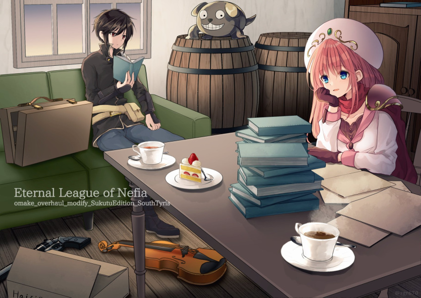1boy, 1girl, arm_guards, armor, bangs, barrel, belt_pouch, black_hair