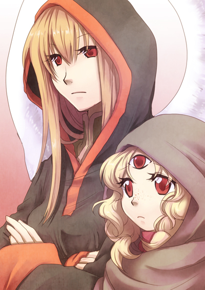 2girls, black_cloak, blonde_hair, cloak, closed_mouth, crossed_arms, curly_hair, elona