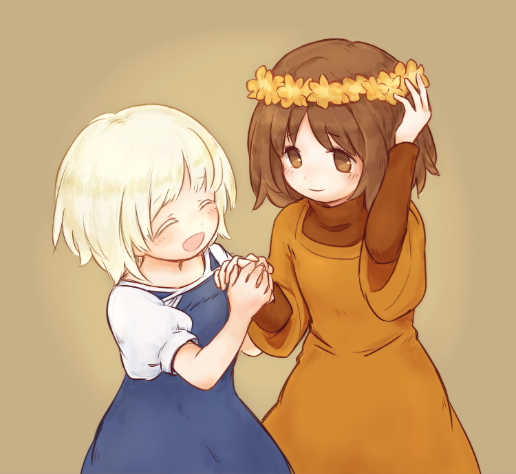 2girls, 35yado, blue_dress, blush, brown_background, brown_eyes, brown_hair, child