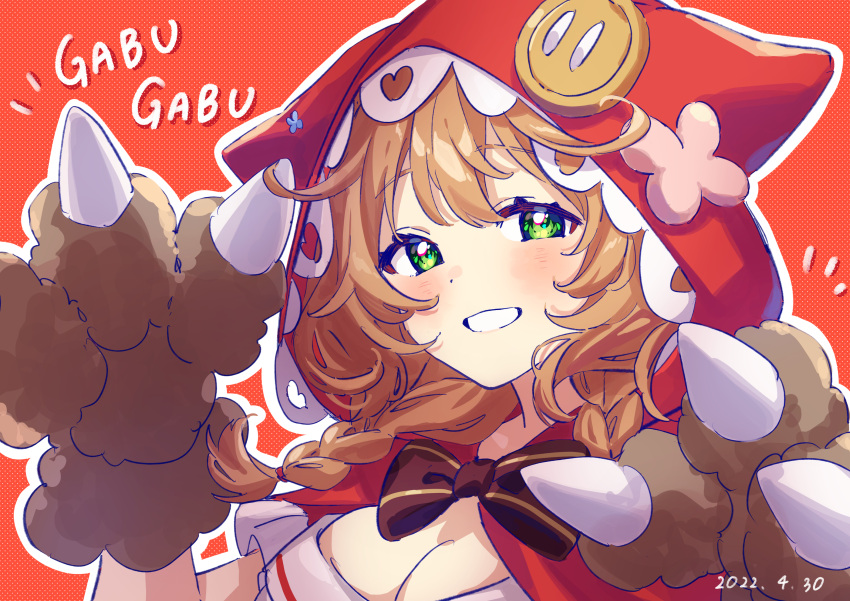 1girl, absurdres, animal_hands, bird_shio, bow, bowtie, breasts, brown_bow, brown_bowtie, brown_hair, flower, gloves, green_eyes, hair_flower, hair_ornament, highres, hood, hoodie, large_breasts, large_buttons, nijisanji, paw_gloves, red_background, red_hoodie, smile, virtual_youtuber, warabeda_meijii, wavy_hair