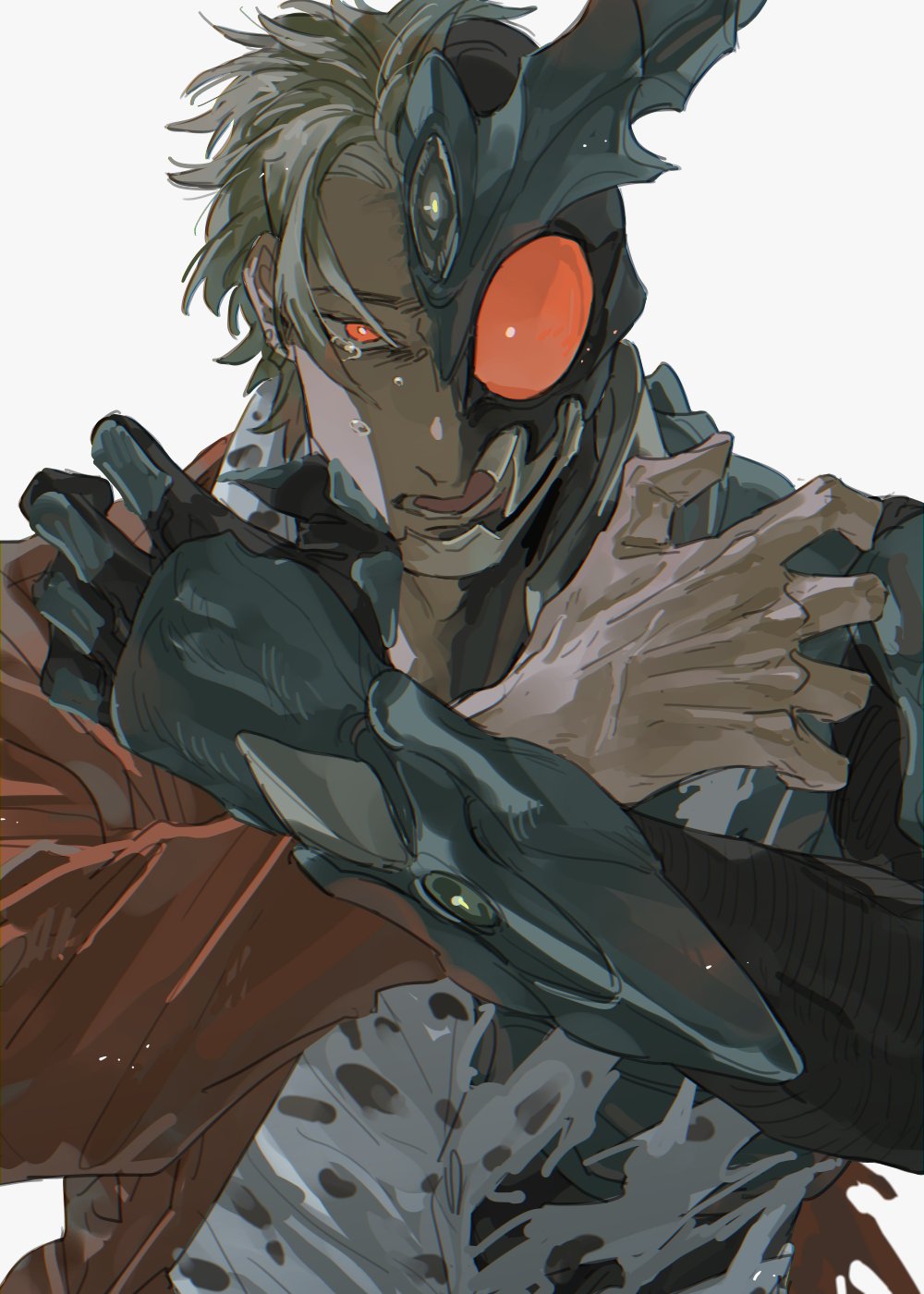 1boy, ashihara_ryo, bbbb_fex, blonde_hair, commentary, crying, ear_piercing, green_armor, highres, kamen_rider, kamen_rider_agito_(series), kamen_rider_gills, male_focus, piercing, red_eyes, shirt, smile, solo, spiky_hair, torn_clothes, torn_shirt, transformation, white_shirt