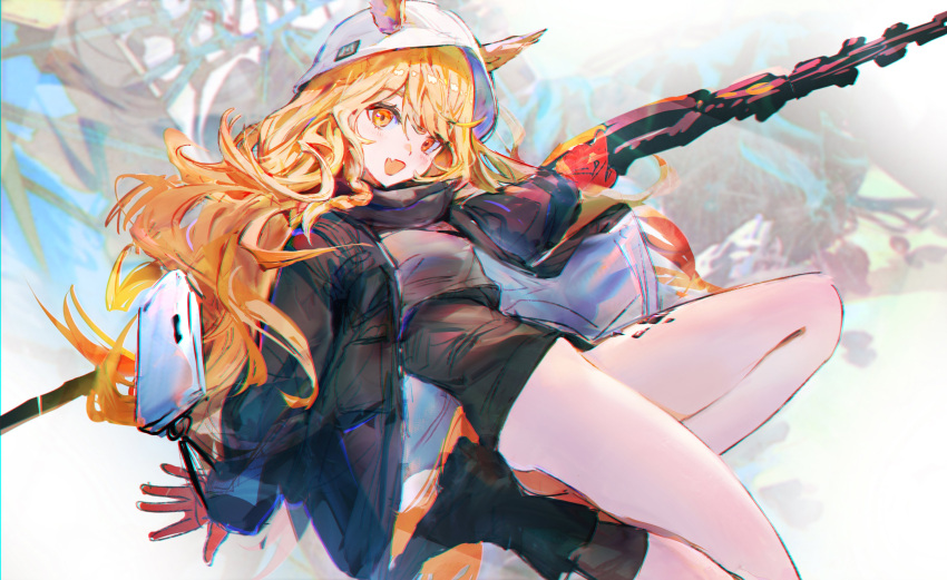 1girl, :d, absurdres, arknights, bag, black_footwear, black_jacket, black_skirt
