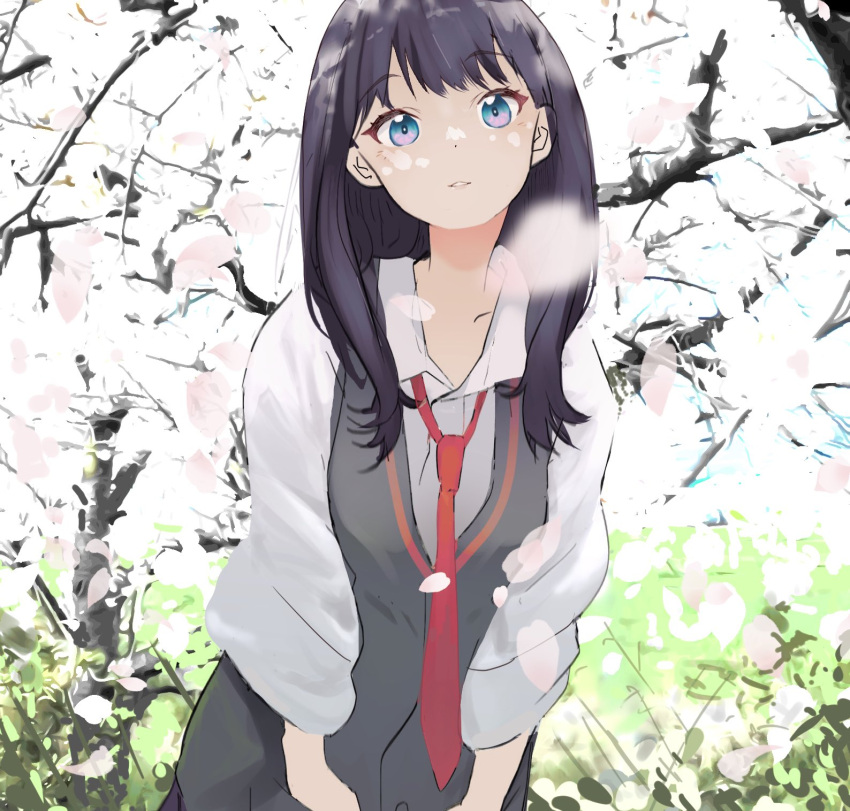 1girl, bangs, black_hair, blue_eyes, cardigan_vest, cherry_blossoms, collared_shirt, cosplay, flower, gridman_universe, hibiki_yuuta, hibiki_yuuta_(cosplay), highres, lensu_(lotus36936936), long_hair, necktie, outdoors, pleated_skirt, red_necktie, school_uniform, shirt, skirt, solo, ssss.gridman, straight_hair, takarada_rikka, tree