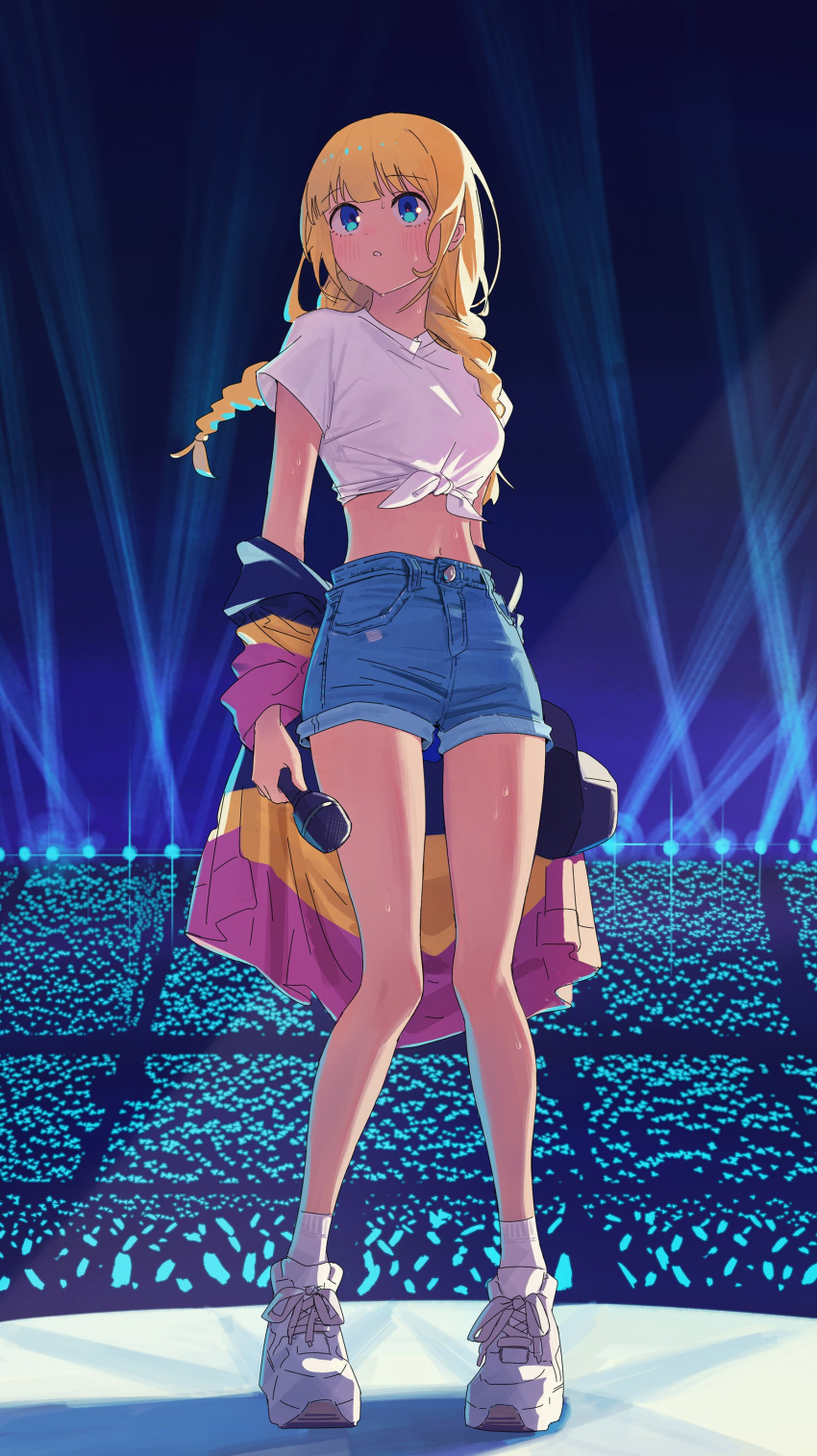 08191224k, 1girl, absurdres, blonde_hair, blue_eyes, blush, casual, denim