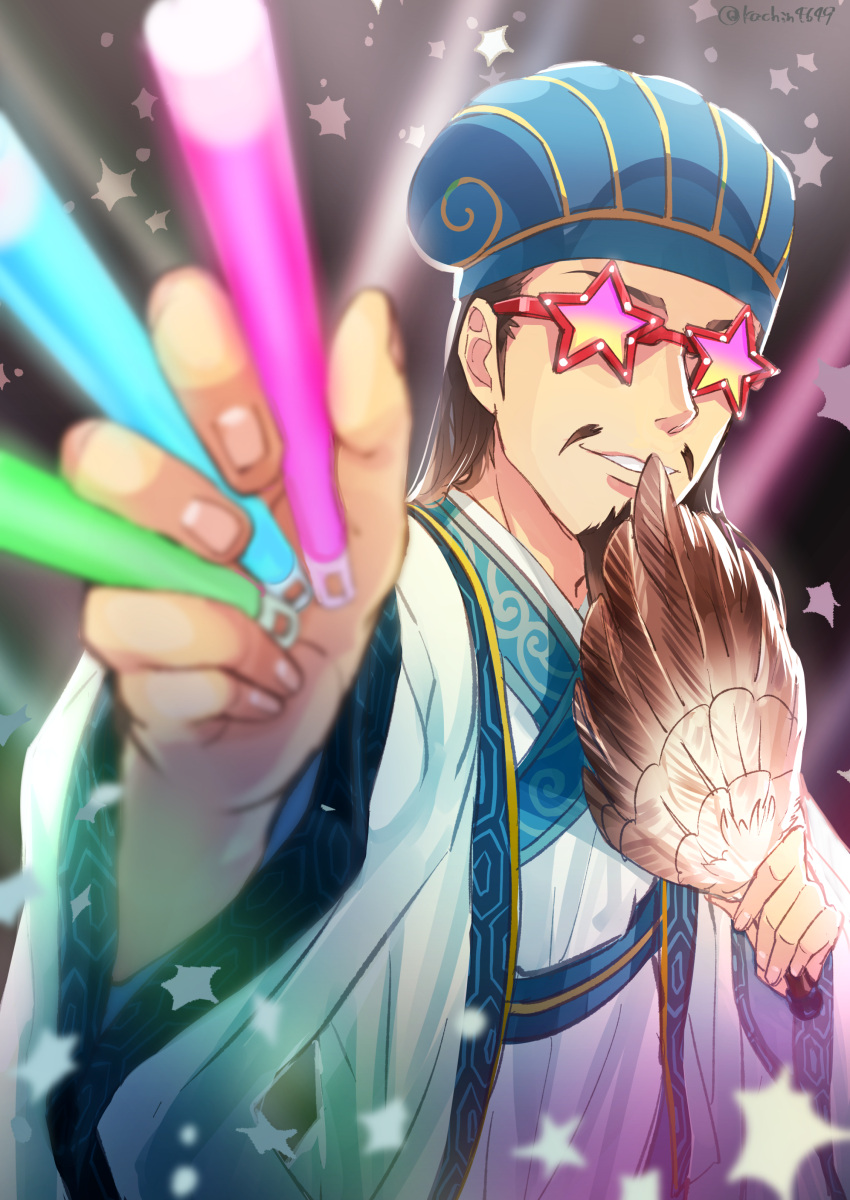 1boy, absurdres, beard, black_hair, blurry, chinese_clothes, commentary_request, depth_of_field, facial_hair, feather_fan, foreshortening, glowstick, grin, hat, highres, kachin, kong_ming_hat, male_focus, mustache, paripi_koumei, robe, smile, solo, star-shaped_eyewear, sunglasses, twitter_username, upper_body, zhuge_kongming_(paripi_koumei)