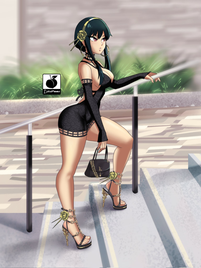 1girl, bag, bangs, black_hair, curvy, dress, earrings, hair_ornament