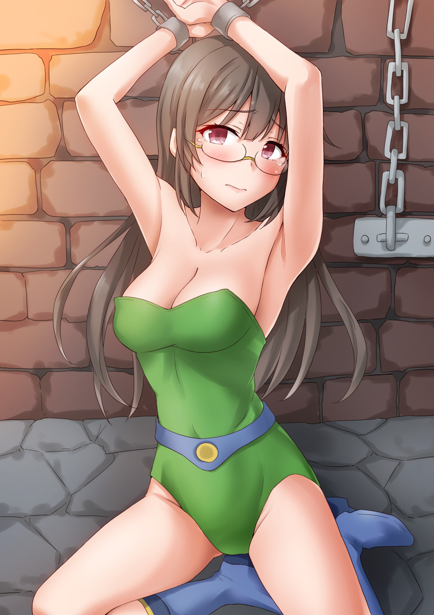 1girl, alternate_costume, anti_(untea9), belt, black_hair, blue_eyes, blue_footwear, blush, boots, bound, bound_arms, bound_wrists, breasts, brown_hair, celes_chere, celes_chere_(cosplay), chain, chain_leash, choukai_(kancolle), collarbone, cosplay, eyebrows_visible_through_hair, final_fantasy, final_fantasy_vi, glasses, green_leotard, hair_between_eyes, highres, kantai_collection, leash, leotard, lips, long_hair, medium_breasts, red_eyes, restrained, rimless_eyewear, sitting, solo, tears