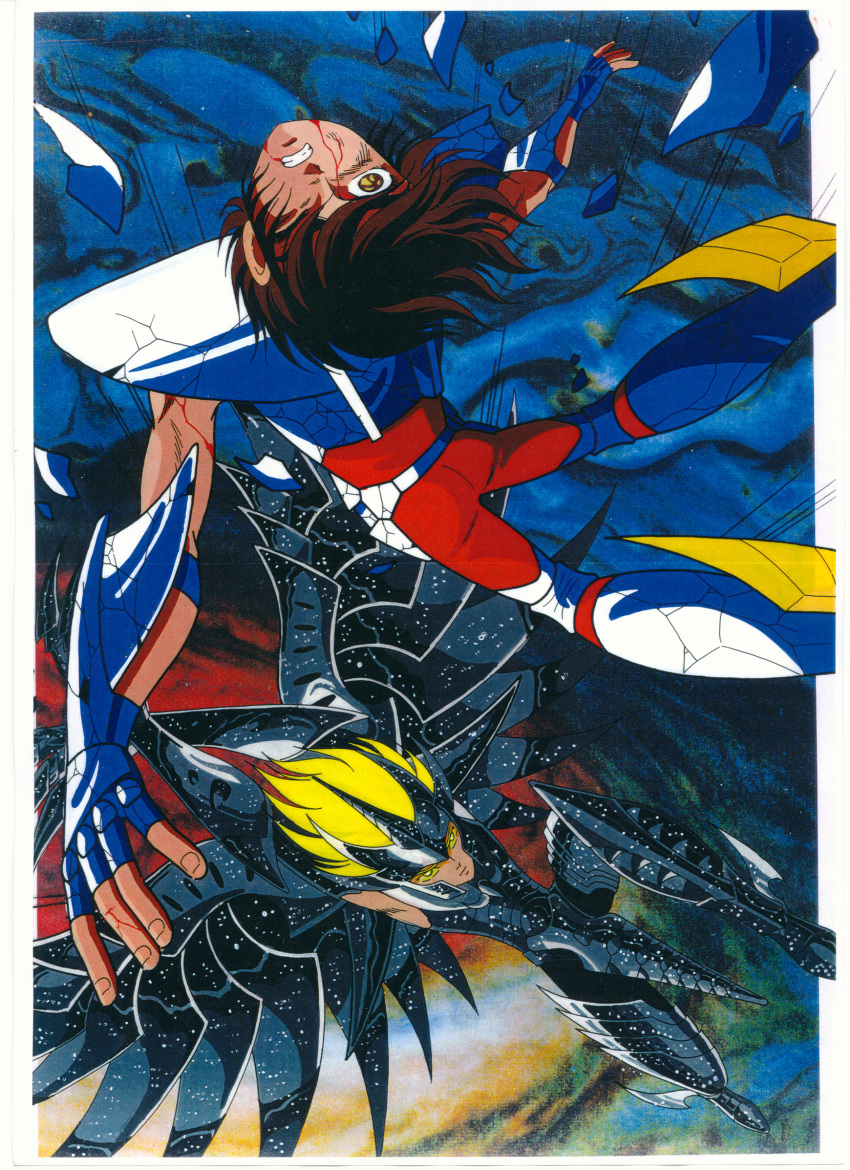 armor, battle, black_armor, blonde_hair, broken_armor, bronze_saint, brown_hair, damage