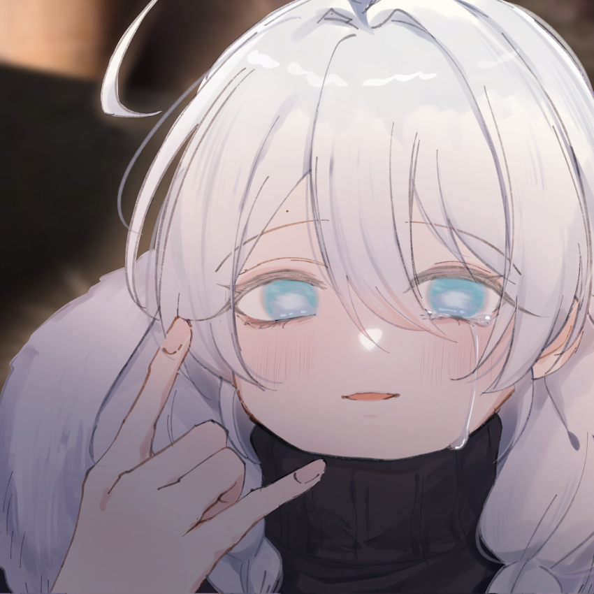 1girl, ahoge, aoirnn, blue_eyes, blurry, blurry_background, crying, crying_with_eyes_open
