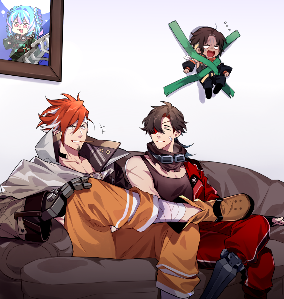+++, 3boys, alchemy_stars, bandaged_leg, bandages, bandana, black_coat, blank_eyes, brock_(alchemy_stars), brown_hair, coat, couch, crossed_legs, eucild, eyepatch, facial_hair, flying_sweatdrops, goatee, goggles, goggles_around_neck, headband, jitome, jumpsuit, long_hair, male_focus, mechanical_arms, mechanical_legs, meme, miniboy, multicolored_hair, multiple_boys, orange_pants, pants, portrait, prosthesis, prosthetic_arm, redhead, roy_(alchemy_stars), scar, scar_on_arm, short_hair, single_mechanical_arm, single_mechanical_leg, sinsa_(alchemy_stars), sitting, stubble, sweatdrop, tank_top, tape, teeth, teeth_hold, toothpick, turn_pale, two-tone_hair, v-shaped_eyebrows, zeta_(alchemy_stars)
