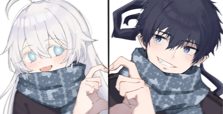1boy, 1girl, ahoge, ao_no_exorcist, aoirnn, blue_eyes, blue_hair, blue_scarf