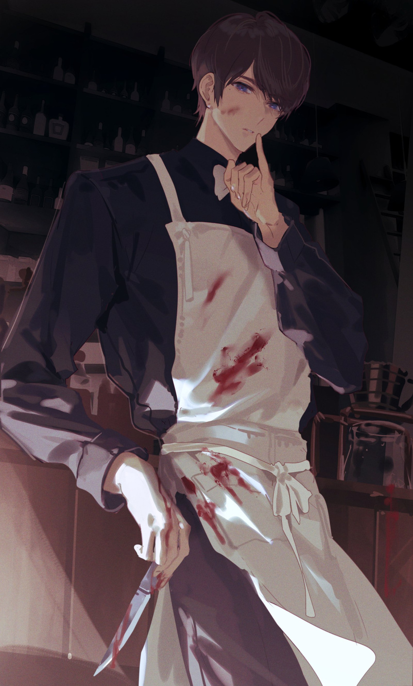1boy, absurdres, apron, avataro_sentai_donbrothers, black_pants, black_shirt, blood, blood_on_face, blood_on_hands, blood_on_knife, blue_eyes, bow, bowtie, cafe, coffee, coffee_pot, counter, doran7280, earrings, goshikida_kaito, highres, jewelry, knife, male_focus, pants, shelf, shirt, short_hair, stud_earrings, sunlight, super_sentai, white_bow, white_bowtie