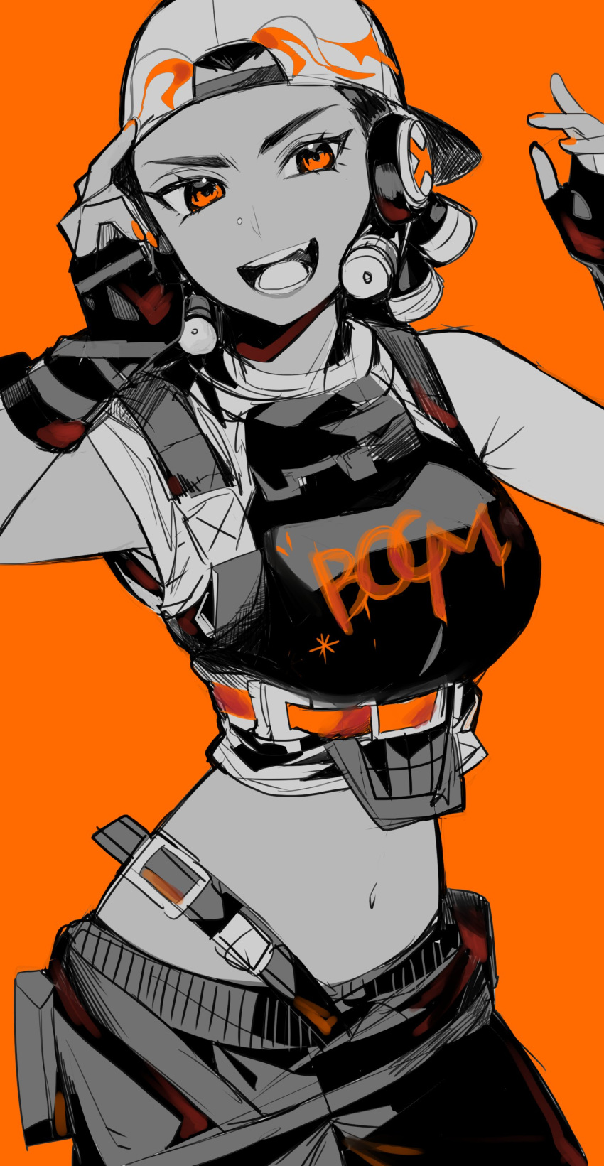 1girl, absurdres, backwards_hat, baseball_cap, breasts, dark-skinned_female, dark_skin, fingerless_gloves