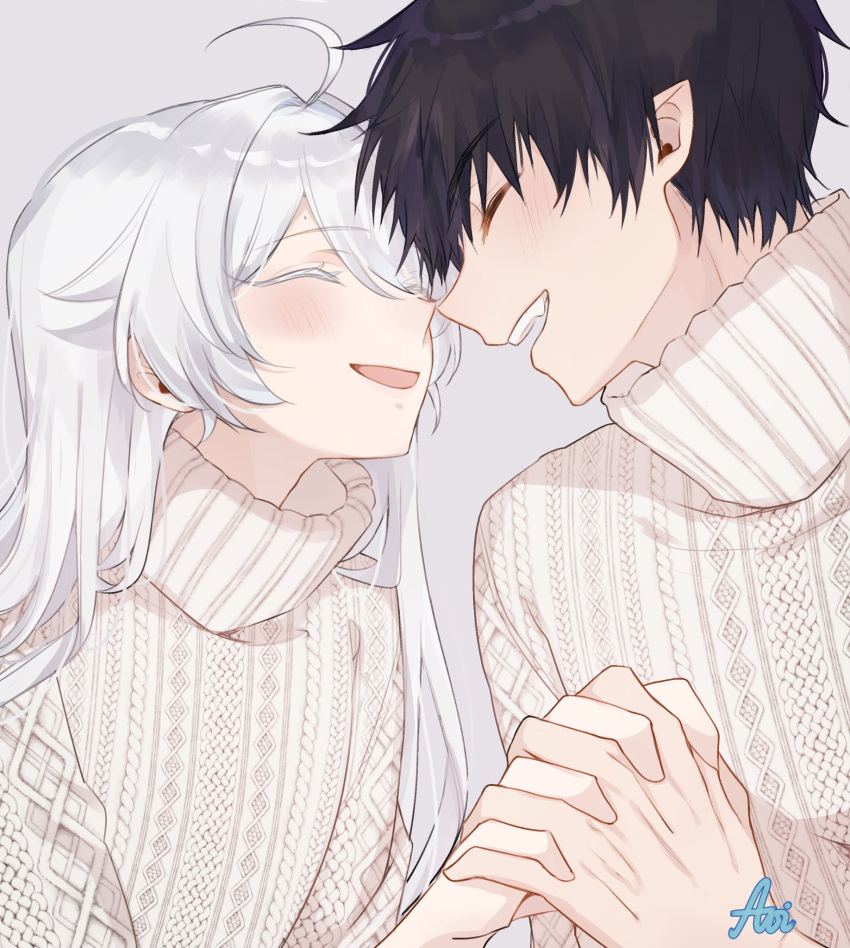 1boy, 1girl, ahoge, ao_no_exorcist, aoirnn, blush, closed_eyes, eyebrows_visible_through_hair, fang, grey_background, grey_hair, highres, long_hair, mole, okumura_rin, open_mouth, original, pointy_ears, signature, simple_background, smile, sweater, teeth, turtleneck, turtleneck_sweater, upper_teeth, white_sweater