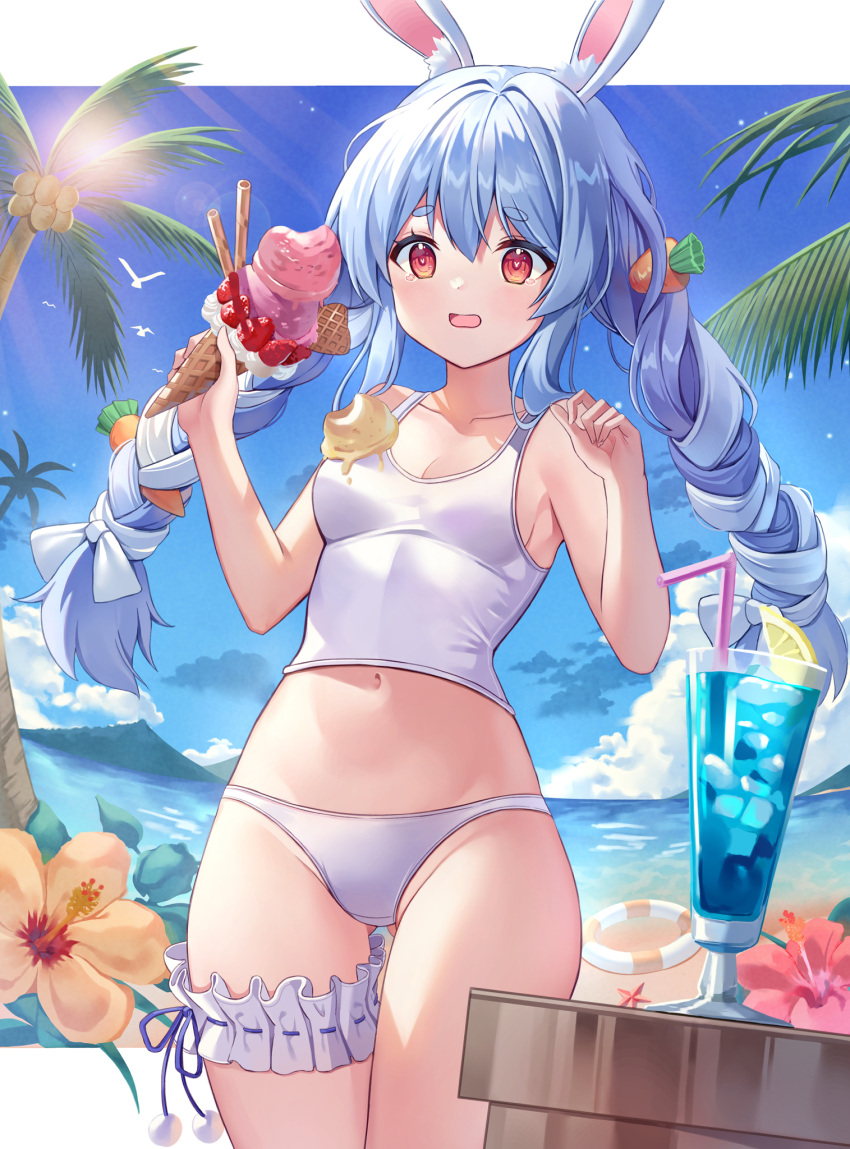 1girl, animal_ears, bikini, bikini_bottom_only, blue_hair, blue_sky, braid, breasts