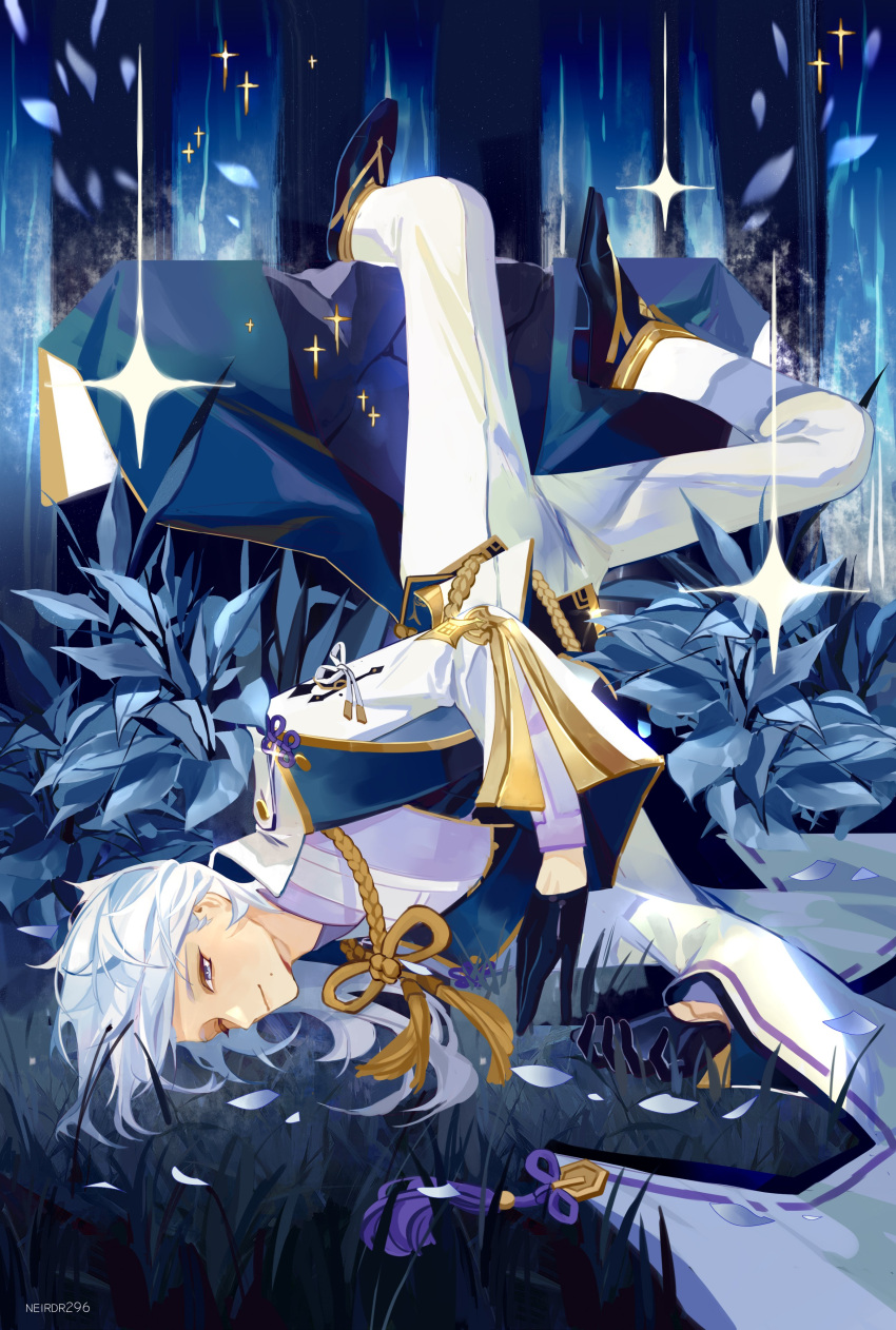 1boy, absurdres, black_footwear, black_gloves, blue_eyes, blue_hair, clothing_request, expressionless