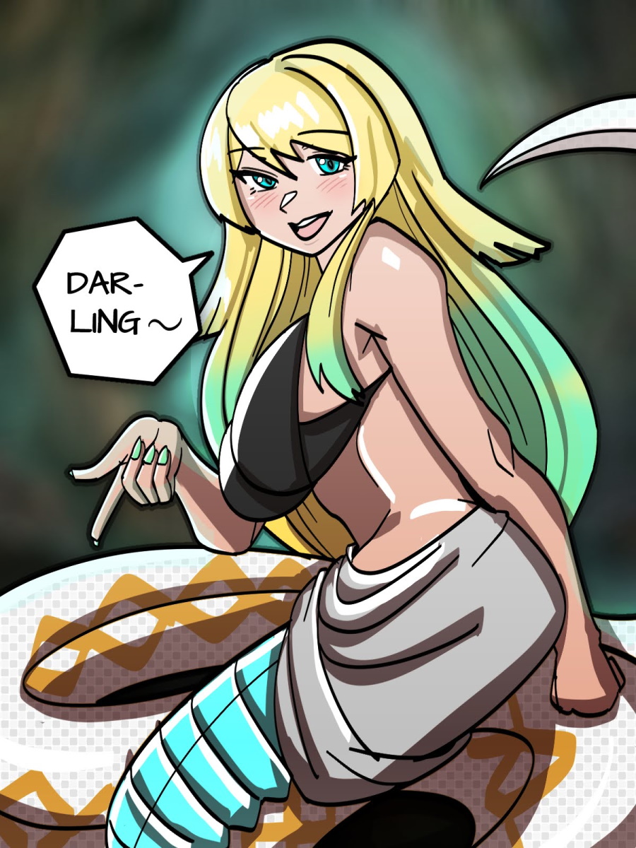 arms_behind_back, blonde_hair, blush, breasts, english_text, fire_emblem, fire_emblem_heroes, fjorm_(fire_emblem), gradient_hair, green_eyes, green_hair, highres, lamia, large_breasts, long_hair, mnejing30, monster_girl, multicolored_hair, nail_polish, sarong, scales, sleeveless, smile, very_long_hair