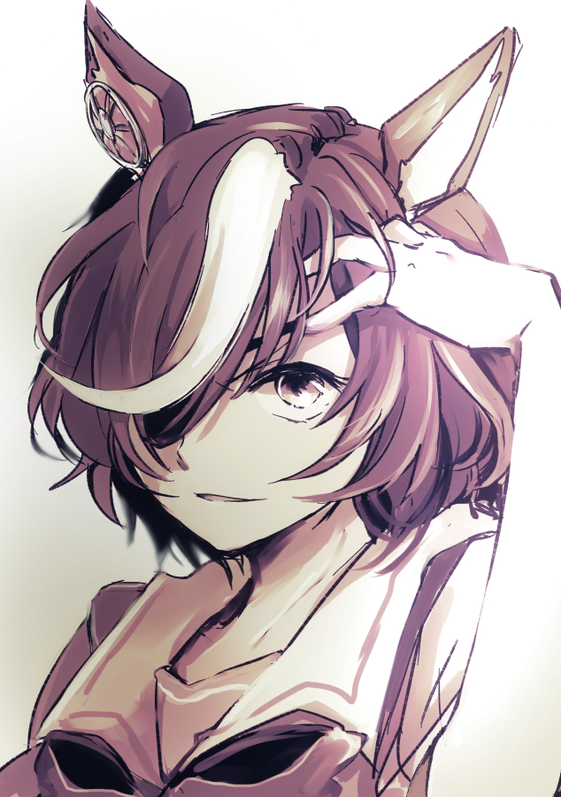 1girl, animal_ears, bangs, eyepatch, hair_over_one_eye, hand_in_own_hair, hand_up, horse_ears