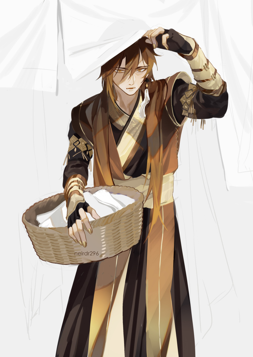 1boy, absurdres, alternate_costume, arm_up, bangs, basket, black_gloves, black_hair