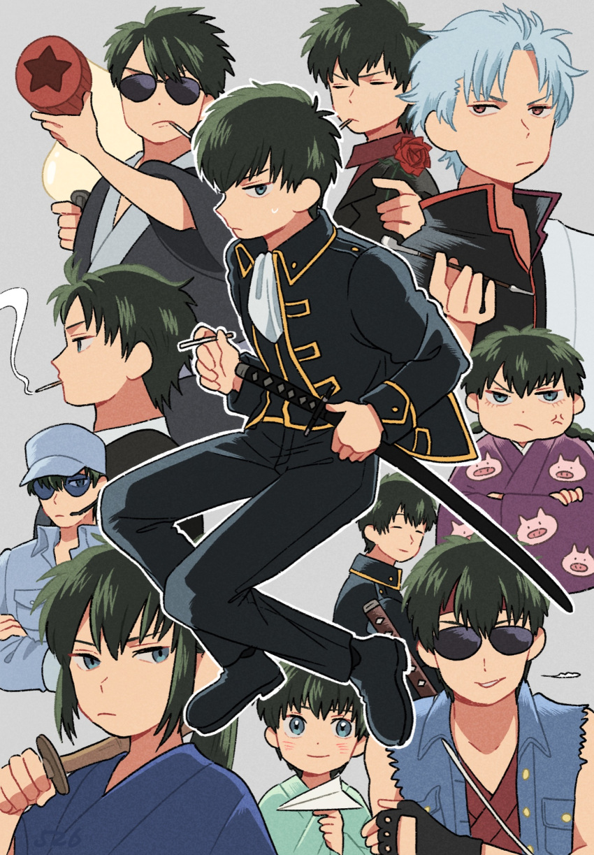 1girl, 2boys, anger_vein, bangs, bare_shoulders, baseball_cap, black_footwear, black_hair, black_jacket, black_kimono, black_pants, black_shirt, blue-tinted_eyewear, blue_eyes, blue_hair, blue_headwear, blue_jacket, blue_kimono, blush, bottle, braid, cigarette, closed_eyes, closed_mouth, collared_shirt, commentary_request, crossed_arms, denim, denim_jacket, flower, genderswap, genderswap_(mtf), gintama, green_kimono, grey_background, hadanugi_dousa, hat, headset, highres, hijikata_tenko, hijikata_toushirou, holding, holding_bottle, holding_flower, holding_pipe, jacket, japanese_clothes, katana, kimono, kiseru, kojiro337, mouth_hold, multiple_boys, multiple_views, open_clothes, open_jacket, pants, parted_bangs, pipe, purple_kimono, red_eyes, red_flower, red_rose, red_shirt, rose, sakata_gintoki, sheath, sheathed, shirt, shoes, simple_background, sleeveless, sleeveless_jacket, sunglasses, sword, tinted_eyewear, twin_braids, v-shaped_eyebrows, weapon, white_kimono