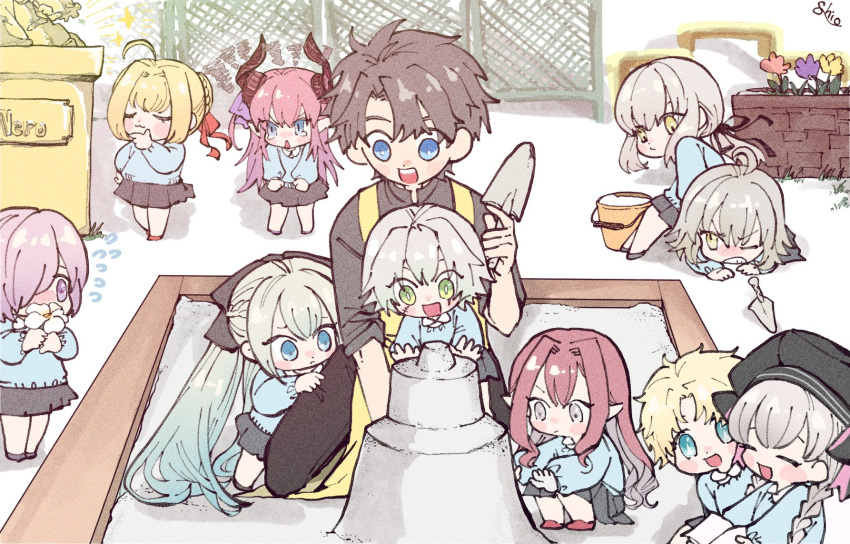 2boys, 6+girls, :3, ahoge, alternate_costume, apron, artoria_pendragon_(fate), bangs