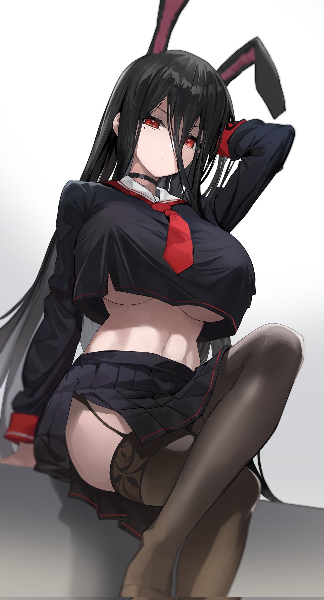 1girl, animal_ears, arm_up, artist_request, black_hair, black_legwear, blue_archive, blurry