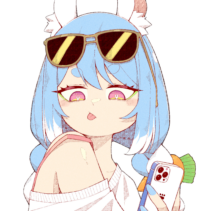 1girl, animal_ears, bangs, blue_hair, bra_strap, braid, carrot_hair_ornament, cellphone