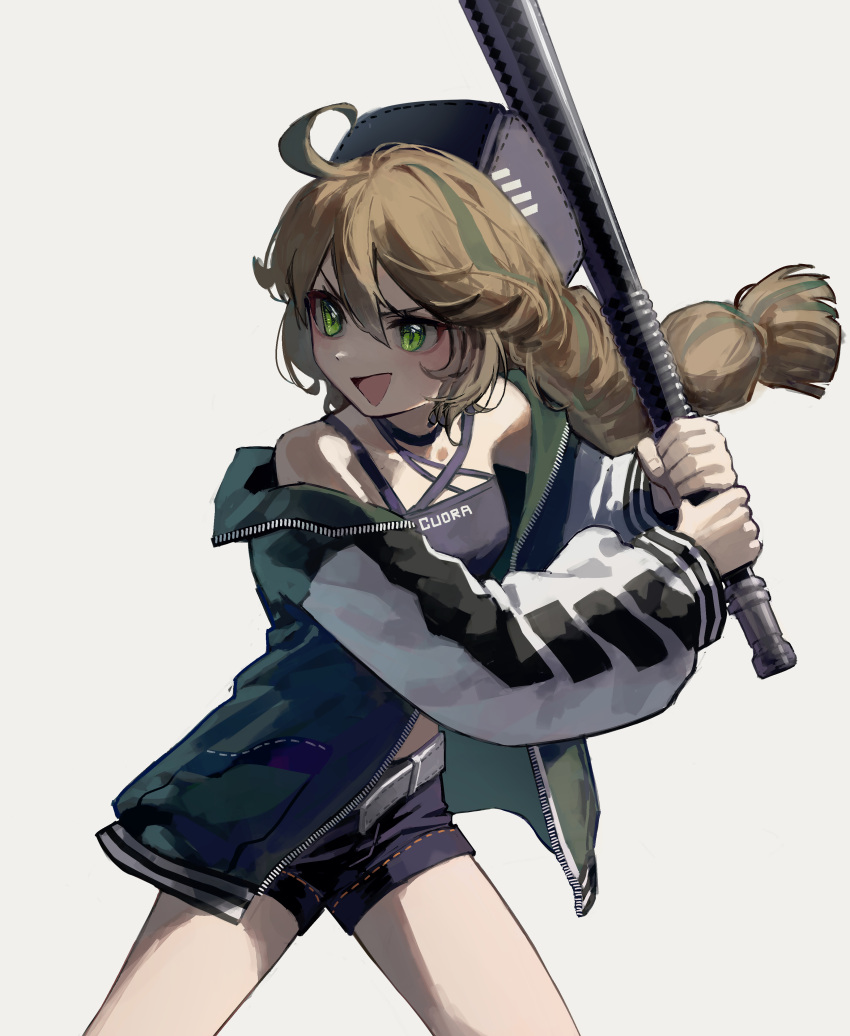 1girl, absurdres, ahoge, arknights, bare_shoulders, baseball_bat, belt, black_headwear