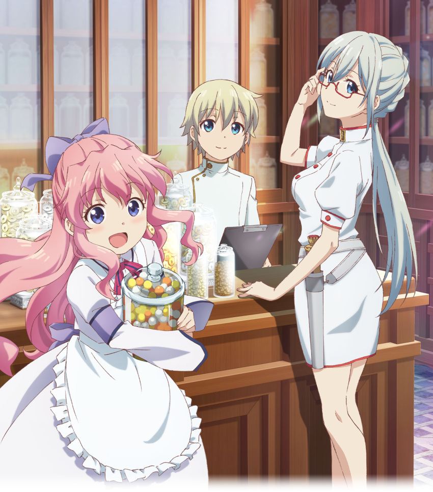 1boy, 2girls, :d, apron, blonde_hair, blue_eyes, blush, bow