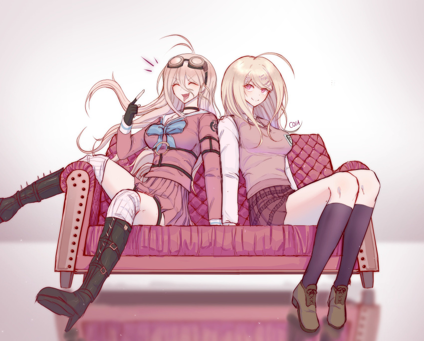 2girls, absurdres, ahoge, akamatsu_kaede, artist_name, bangs, black_choker, black_gloves