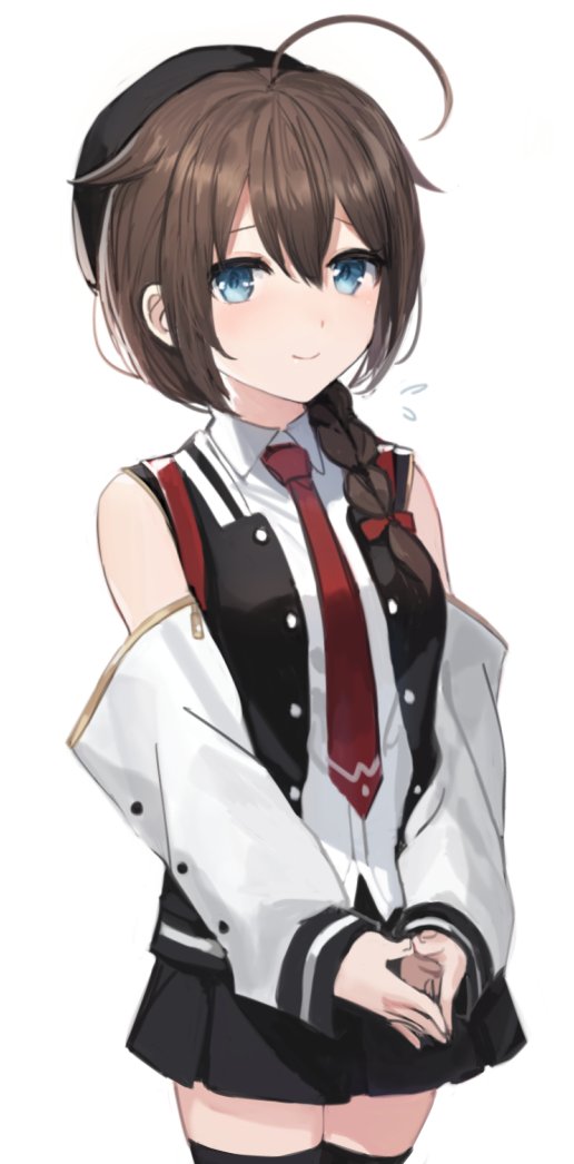 1girl, ahoge, beret, black_headwear, black_legwear, black_skirt, blue_eyes, bow