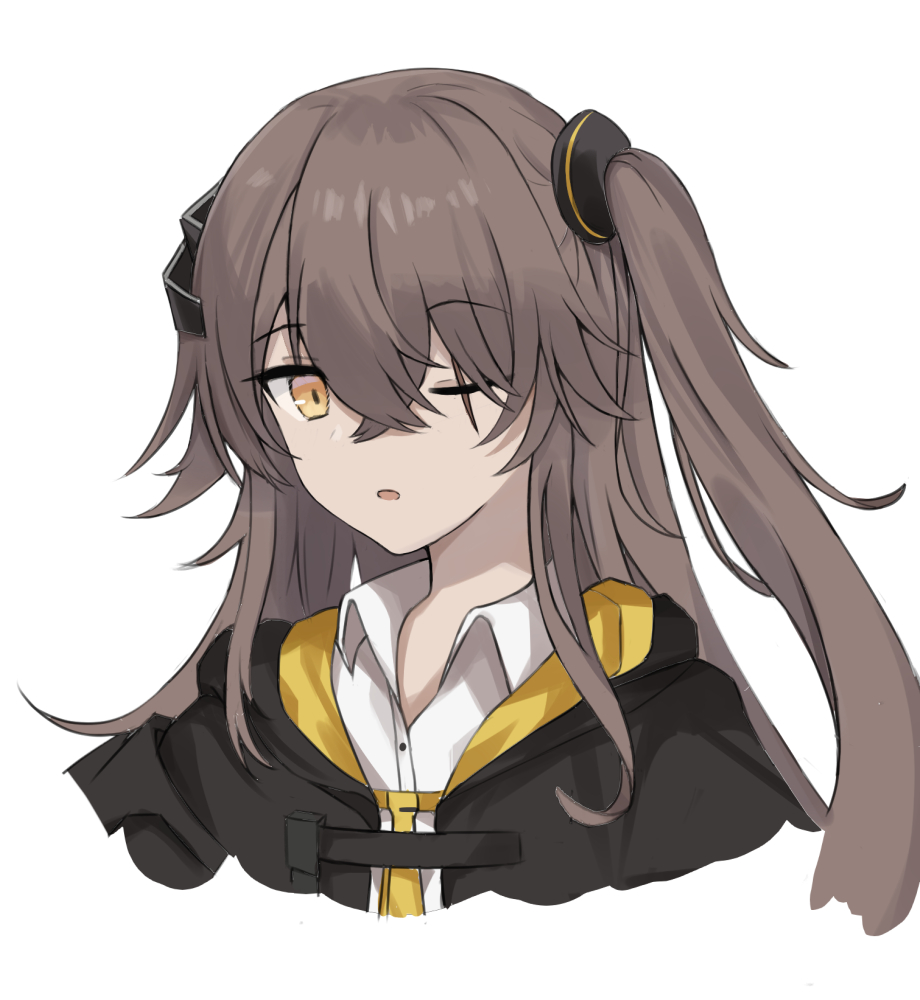 1girl, :o, black_jacket, brown_hair, collared_shirt, eyebrows_visible_through_hair, girls_frontline, jacket