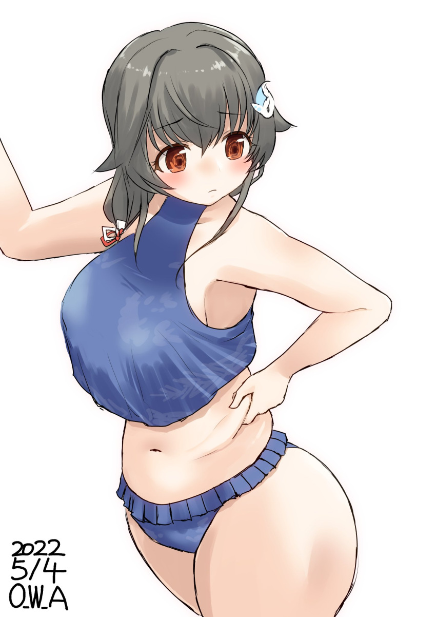 1girl, artist_name, belly_grab, bikini, black_hair, blue_bikini, breasts, brown_eyes, commentary_request, cowboy_shot, dated, eyebrows_visible_through_hair, hair_flaps, hair_ornament, hairclip, highres, jingei_(kancolle), kantai_collection, large_breasts, long_hair, looking_down, low_ponytail, midriff, navel, official_alternate_costume, owa_(ishtail), simple_background, solo, swimsuit, weight_conscious, white_background