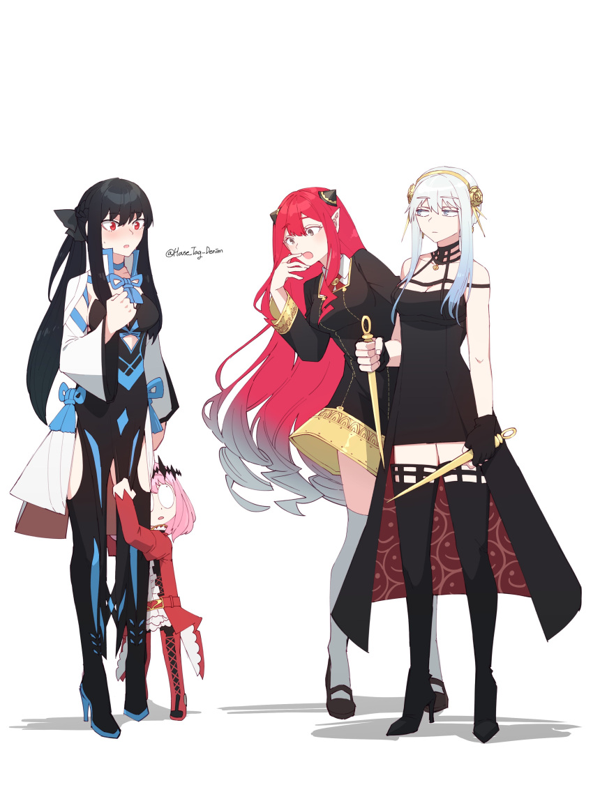 absurdres, anya_(spy_x_family), anya_(spy_x_family)_(cosplay), black_bow, black_hair, bow, braid, center_frills, center_opening, child, clothing_cutout, cosplay, costume_switch, dagger, dress, dual_wielding, earrings, fairy_knight_tristan_(fate), fairy_knight_tristan_(fate)_(cosplay), family, fate/grand_order, fate_(series), french_braid, frills, gold_earrings, gold_hairband, grey_eyes, hair_cones, highres, holding, house_tag_denim, jewelry, knife, light_blue_eyes, morgan_le_fay_(fate), morgan_le_fay_(fate)_(cosplay), pink_hair, platinum_blonde_hair, pointy_ears, red_dress, red_eyes, rose_hair_ornament, sidelocks, spy_x_family, stomach_cutout, tiara, two-sided_dress, two-sided_fabric, two-tone_dress, weapon, yor_briar, yor_briar_(cosplay)