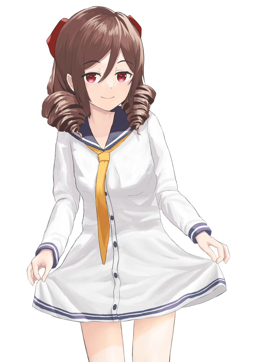 1girl, bow, breasts, brown_hair, cosplay, cowboy_shot, dress, drill_hair