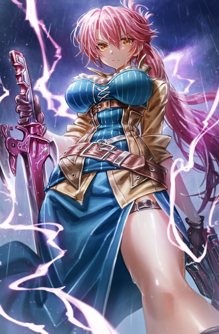 1girl, belt, dual_wielding, eiyuu_densetsu, gloves, gun, highres, holding