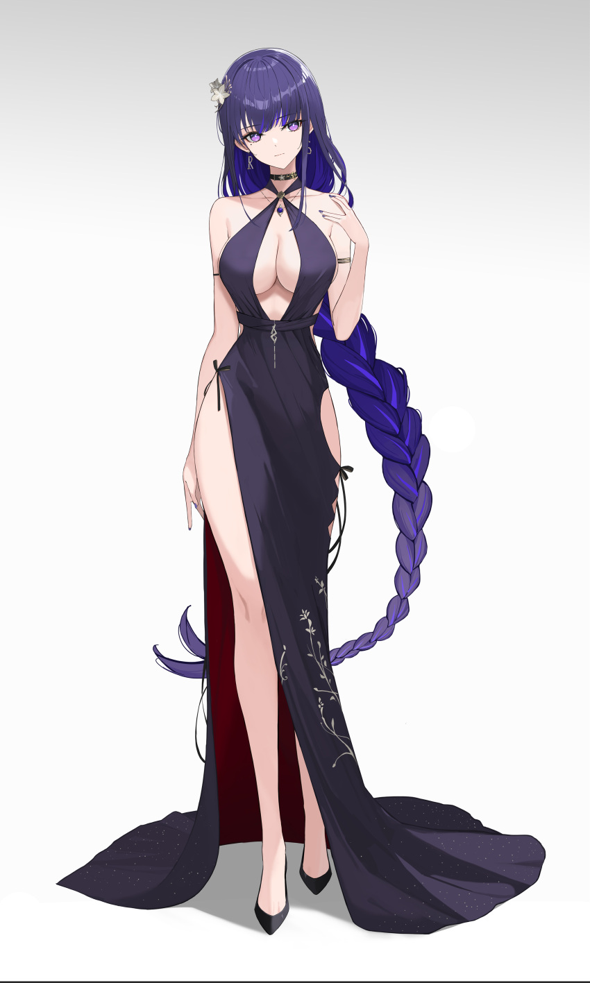 1girl, absurdres, arm_strap, armlet, bangs, bare_shoulders, black_choker, black_dress, braid, breasts, choker, commentary, dress, earrings, eyebrows_visible_through_hair, floral_print, flower, full_body, genshin_impact, hair_flower, hair_ornament, halter_dress, halterneck, hand_up, head_tilt, high_heel, highres, jewelry, large_breasts, long_dress, long_hair, looking_at_viewer, mole, mole_under_eye, necklace, plunging_neckline, raiden_shogun, red_dress, rikui_(rella2930), simple_background, single_braid, solo, standing, thighs, two-sided_dress, two-sided_fabric, very_long_hair, violet_eyes, white_background