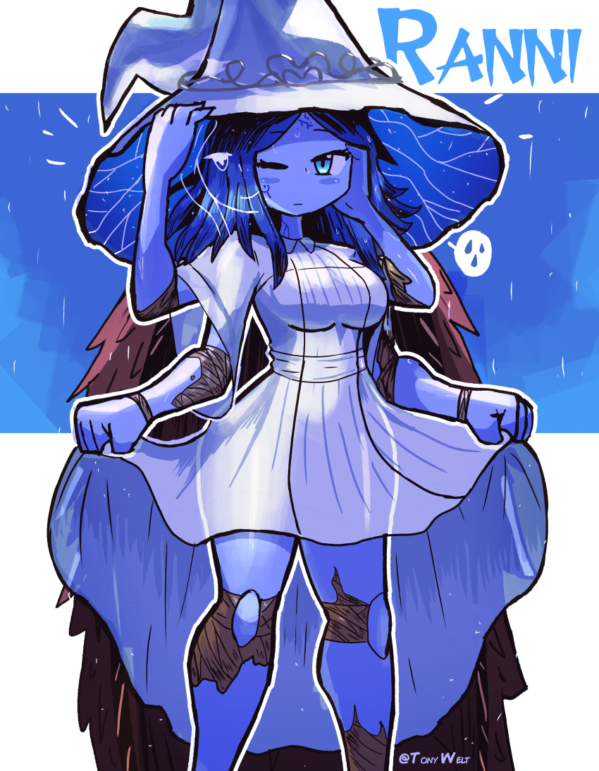 absurdres, blue_eyes, blue_hair, blue_skin, cloak, colored_skin, doll_joints, dress, elden_ring, extra_arms, extra_faces, fur_cloak, hat, highres, joints, outline, ranni_the_witch, tony_welt, water_drop, white_dress, witch_hat