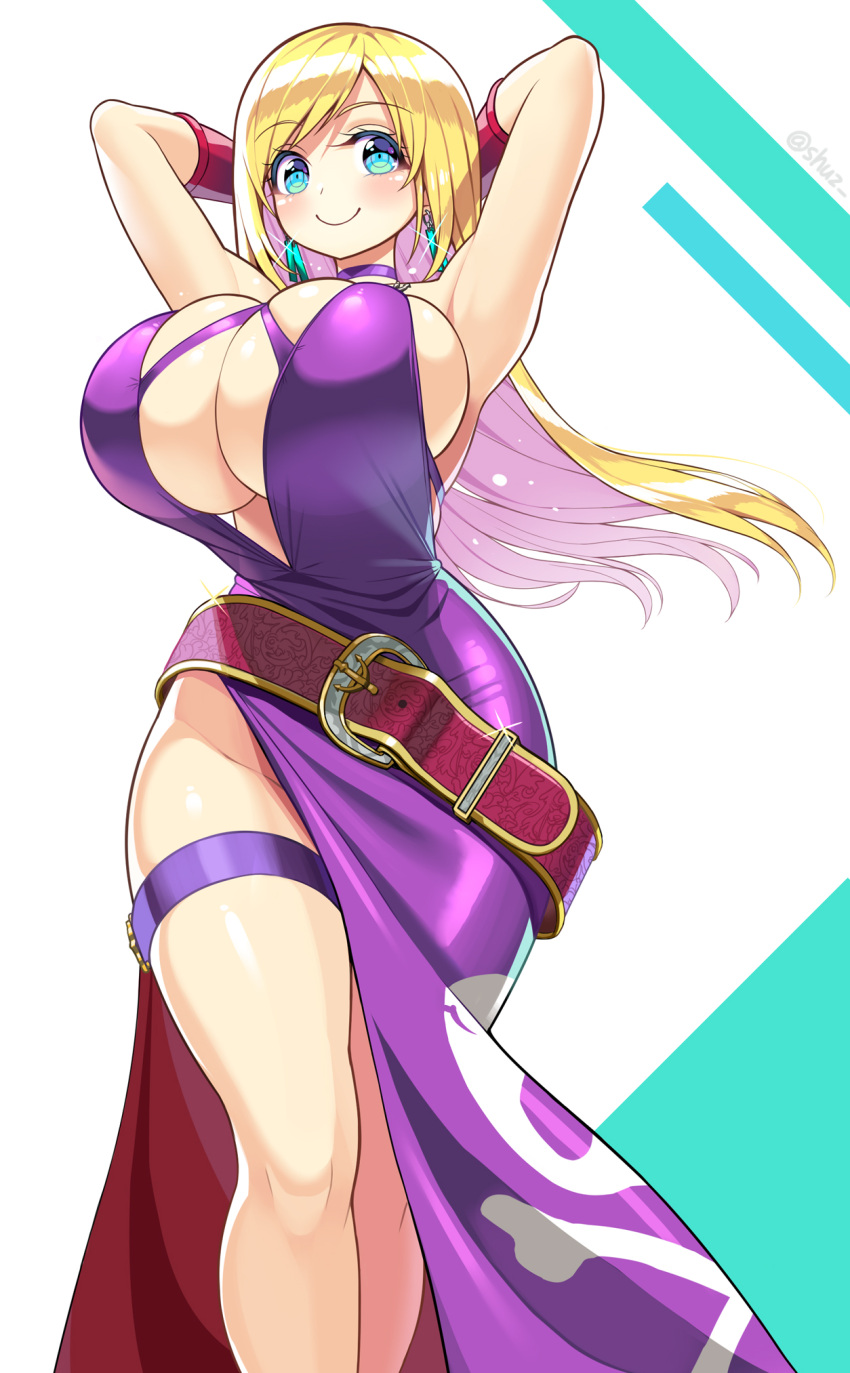 1girl, armpits, arms_behind_head, bangs, blonde_hair, blue_eyes, breasts, bursting_breasts
