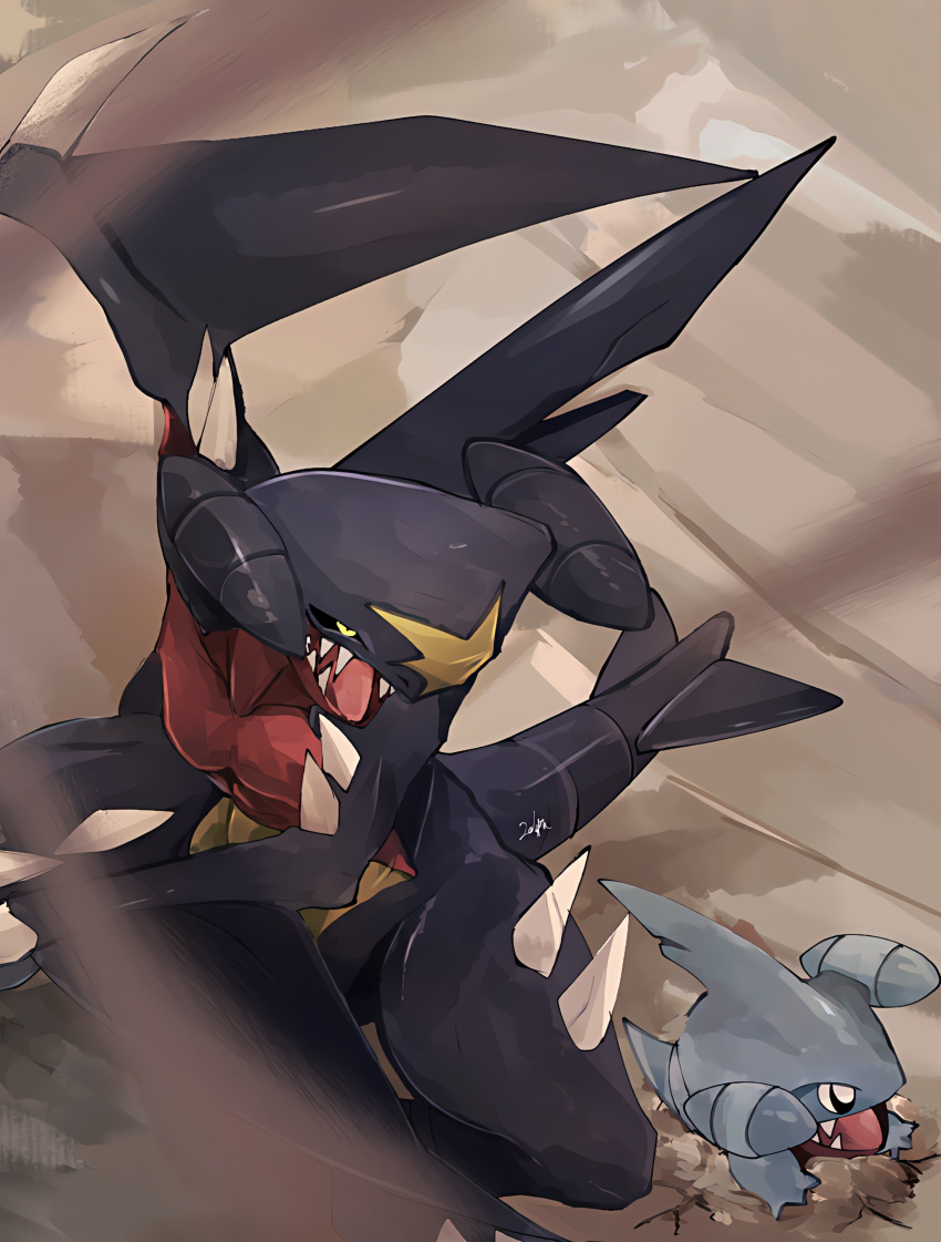 absurdres, arm_up, colorful, creature, fang, fang_out, garchomp, gible, highres, ni_celery_pk, open_mouth, pokemon, sand, sharp_teeth, standing, tail, teeth, wind, yellow_eyes