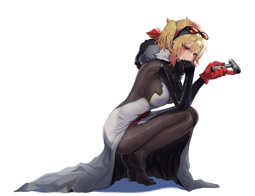 1girl, absurdres, asymmetrical_gloves, bandana, bangs, black_dress, black_gloves, blonde_hair