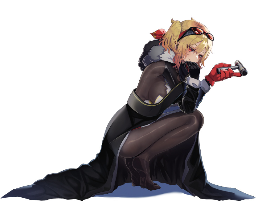 1girl, absurdres, asymmetrical_gloves, bandana, bangs, black_dress, black_gloves, blonde_hair, commentary, dress, english_commentary, from_side, gloves, goggles, goggles_on_head, hammer, highres, holding, holding_hammer, hololive, kaela_kovalskia, long_hair, mismatched_gloves, no_shoes, red_bandana, red_eyes, red_gloves, rpg_(ram), side_ponytail, simple_background, skin_tight, smile, soles, solo, squatting, virtual_youtuber, white_background
