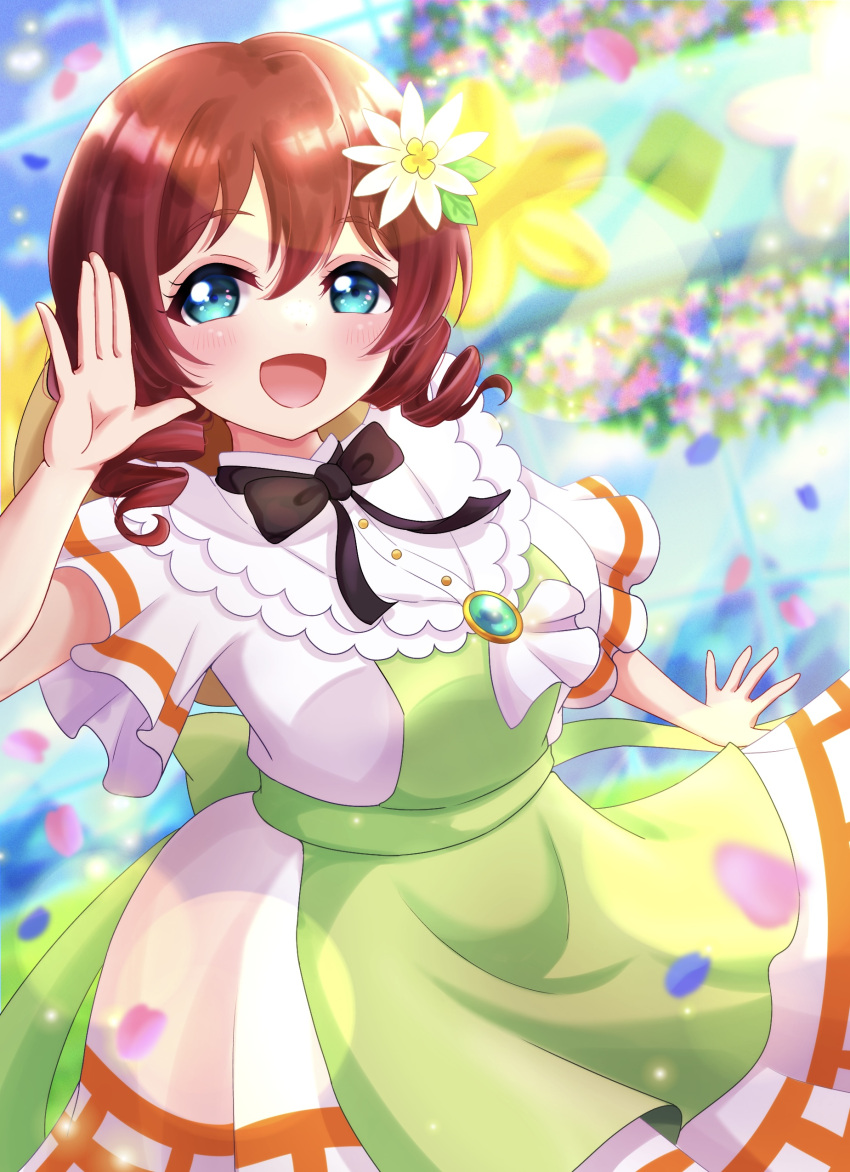 1girl, :d, absurdres, aqua_eyes, bangs, black_bow, blurry, blurry_background
