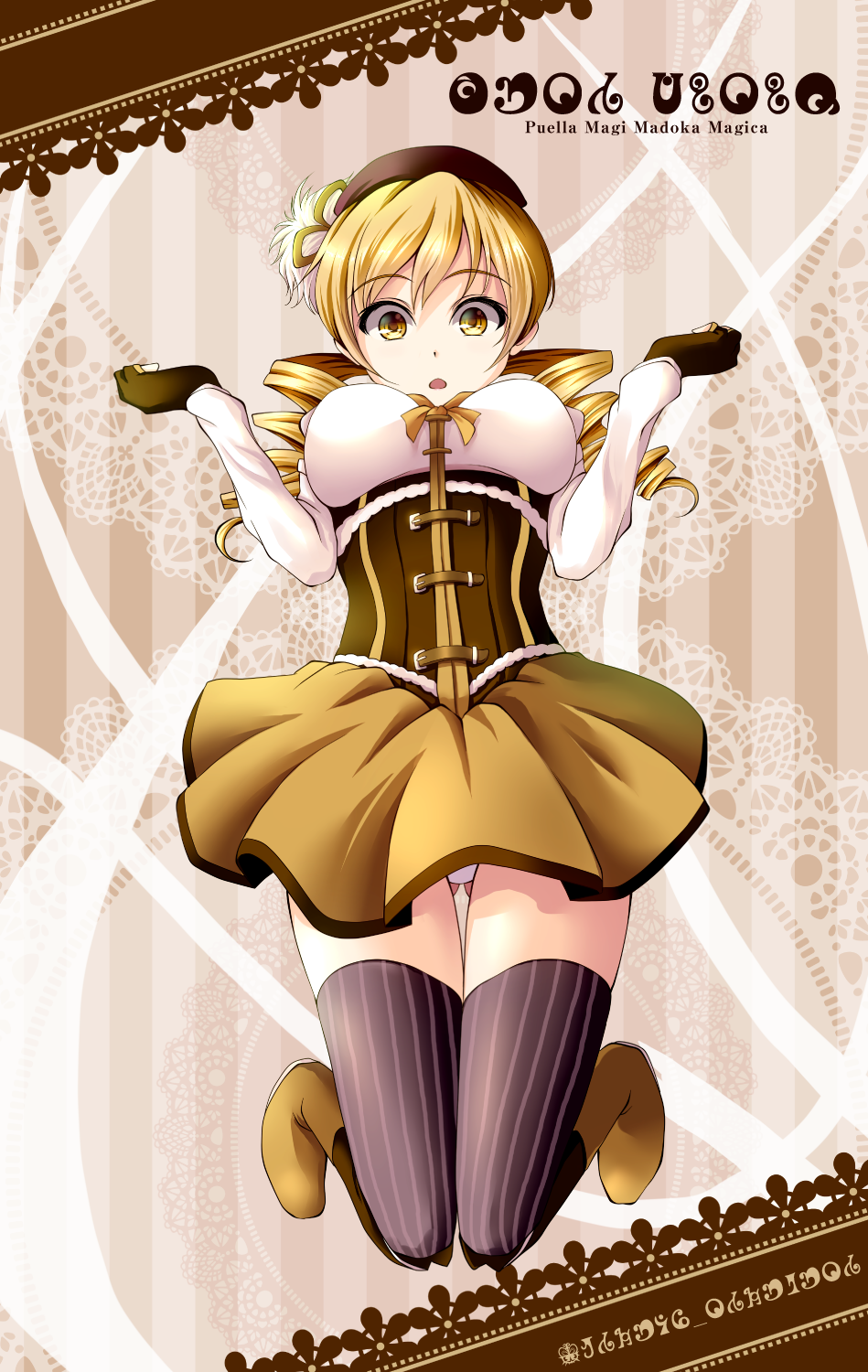 1girl, blonde_hair, boots, brown_corset, brown_footwear, brown_gloves, brown_legwear, commentary_request