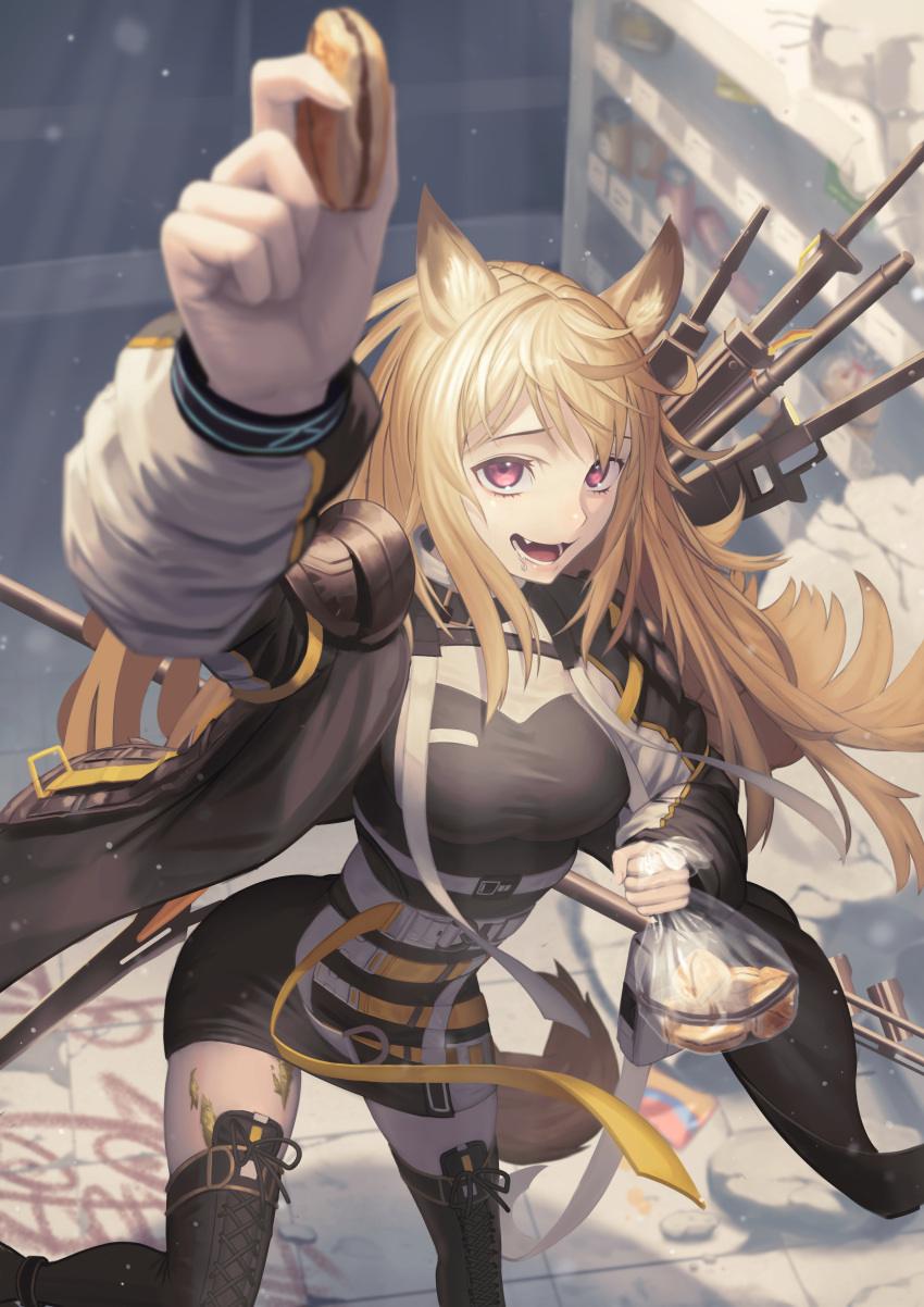 1girl, absurdres, animal_ears, arched_back, arknights, arm_up, bangs, belt, black_dress, black_footwear, black_legwear, blonde_hair, boots, breasts, ceobe_(arknights), cookie, cross-laced_footwear, dog_ears, dog_girl, dog_tail, dress, fangs, food, gloves, highres, holding, holding_cookie, holding_food, jacket, lips, long_hair, looking_at_viewer, medium_breasts, multiple_swords, open_clothes, open_jacket, pink_eyes, saliva, short_dress, shy_(shy_06), single_glove, solo, standing, tail, thigh-highs, thigh_boots, thighs, weapon, weapon_on_back, white_gloves, zettai_ryouiki