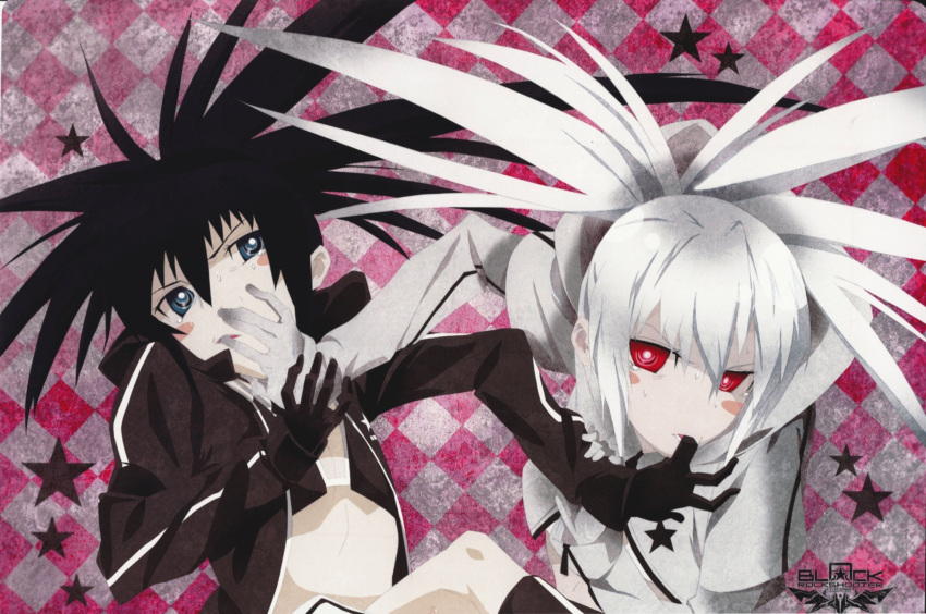 2girls, black_hair, black_rock_shooter, black_rock_shooter_(character), black_rock_shooter_(game), blue_eyes, blush_stickers, checkered_background