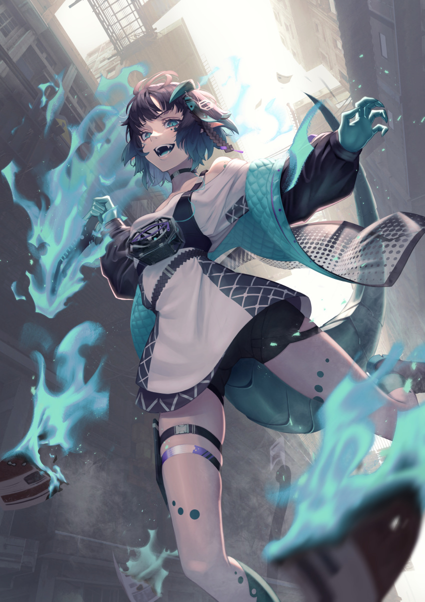 1girl, absurdres, aqua_eyes, aqua_hair, aqua_jacket, aqua_skin, aqua_tongue, bangs