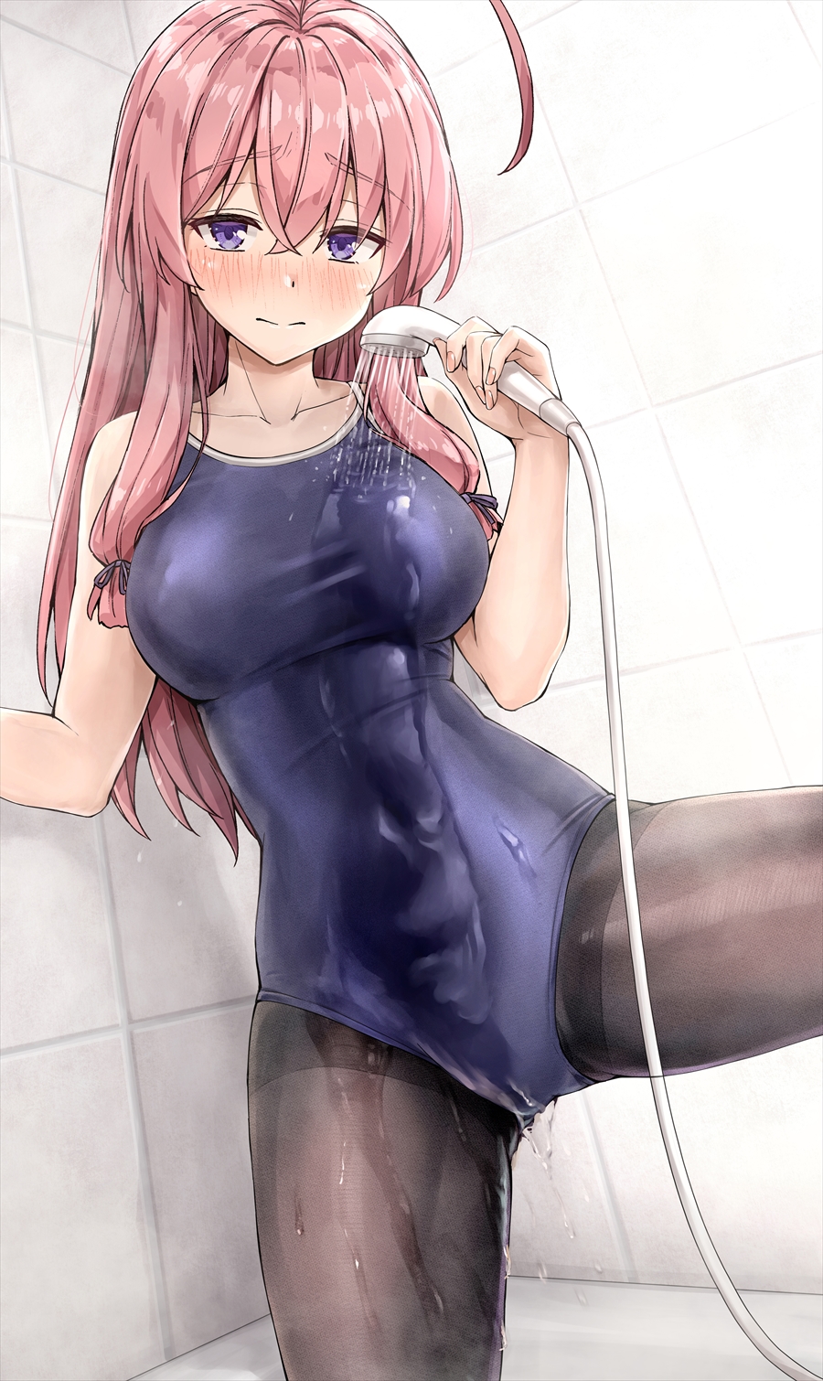 1girl, ahoge, bathroom, bathtub, black_legwear, blue_eyes, blue_swimsuit, blush