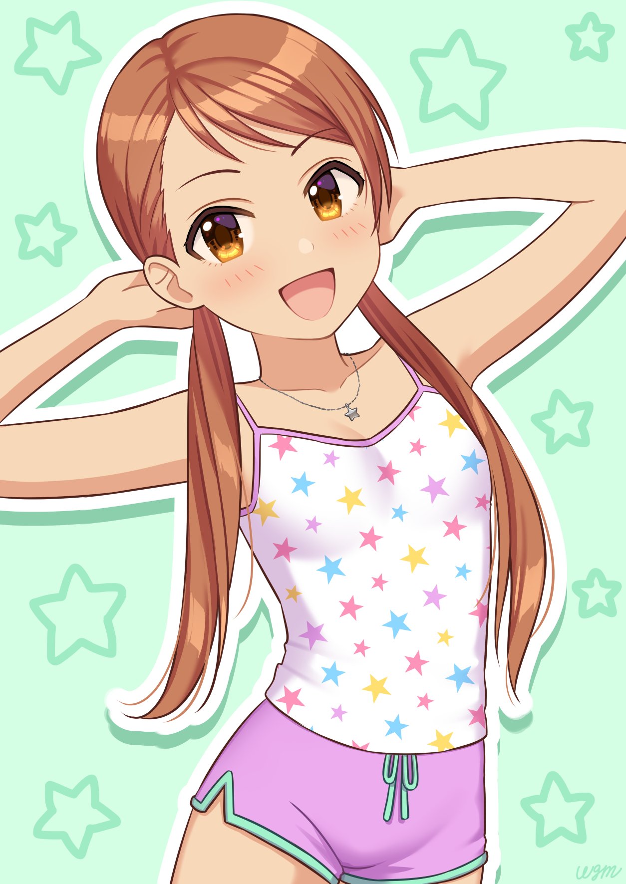 arms_behind_head, bangs, blush, brown_hair, camisole, collarbone, commentary_request, dolphin_shorts, eyebrows, flat_chest, green_background, hands_up, highres, hojo_karen, idolmaster, idolmaster_cinderella_girls, jewelry, long_sleeves, looking_at_viewer, low_twintails, necklace, open_mouth, pink_shorts, shorts, smile, solo, star_(symbol), star_necklace, star_print, thighs, twintails, wgm_oekaki, white_camisole, yellow_eyes, younger